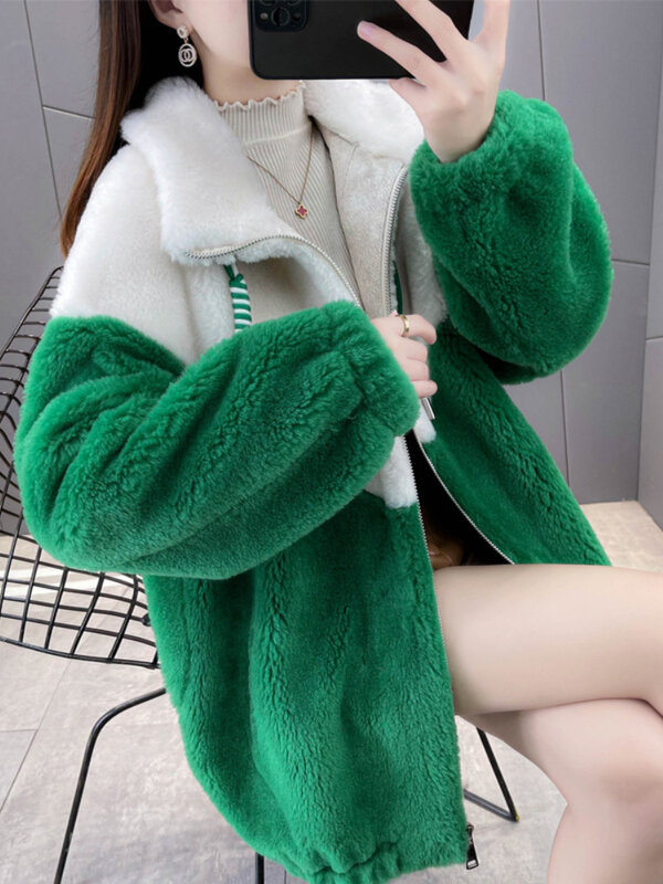 Sconto giacca invernale donna vera pelliccia cappotto lungo tessuto naturale lana cuciture bicolore spessa calda capispalla allentata Streetwear