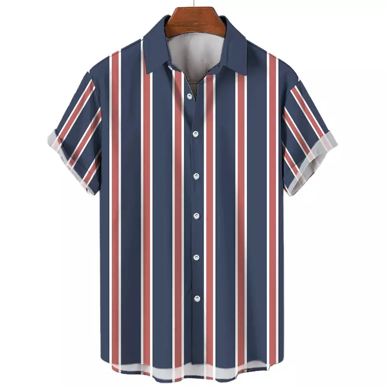 Men's Summer Stripes Casual Shirt Hawaiian Print Short Sleeve Beachwear Vacation Fashion Social Lapel Button Oversized Clothing