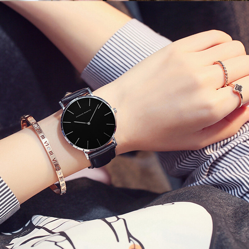 Hannah Martin marka zegarek dla pary 6.9mm Ultra cienkie męskie zegarki kwarcowe japoński ruch skórzany prosty zegarek damski