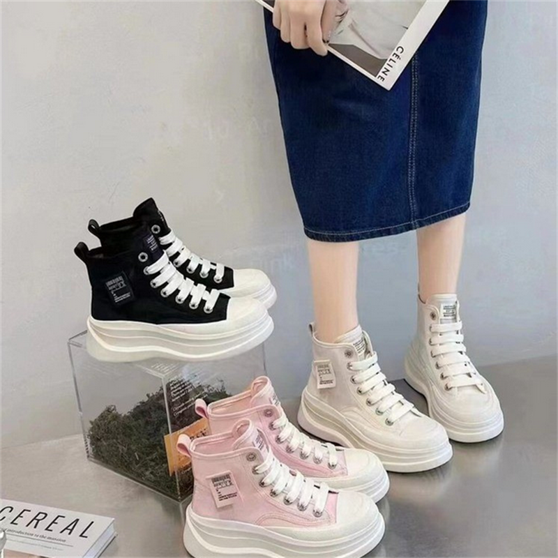 2023 New Men and Women Couple Vulcanized Shoes High Quality Thick Sole Canvas Sneakers Casual Round Toe Lace-Up Flats