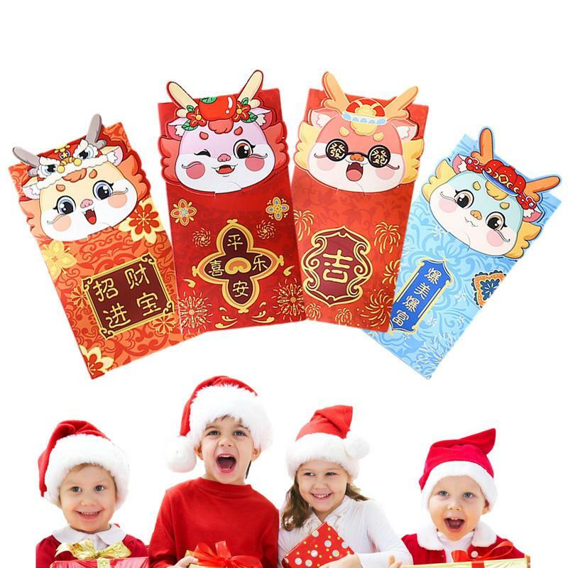 Amplop Naga Lucu Tahun merah 4 buah kantong uang Festival Musim Semi paket keberuntungan gaya Tiongkok tas hadiah kartun untuk ulang tahun musim semi
