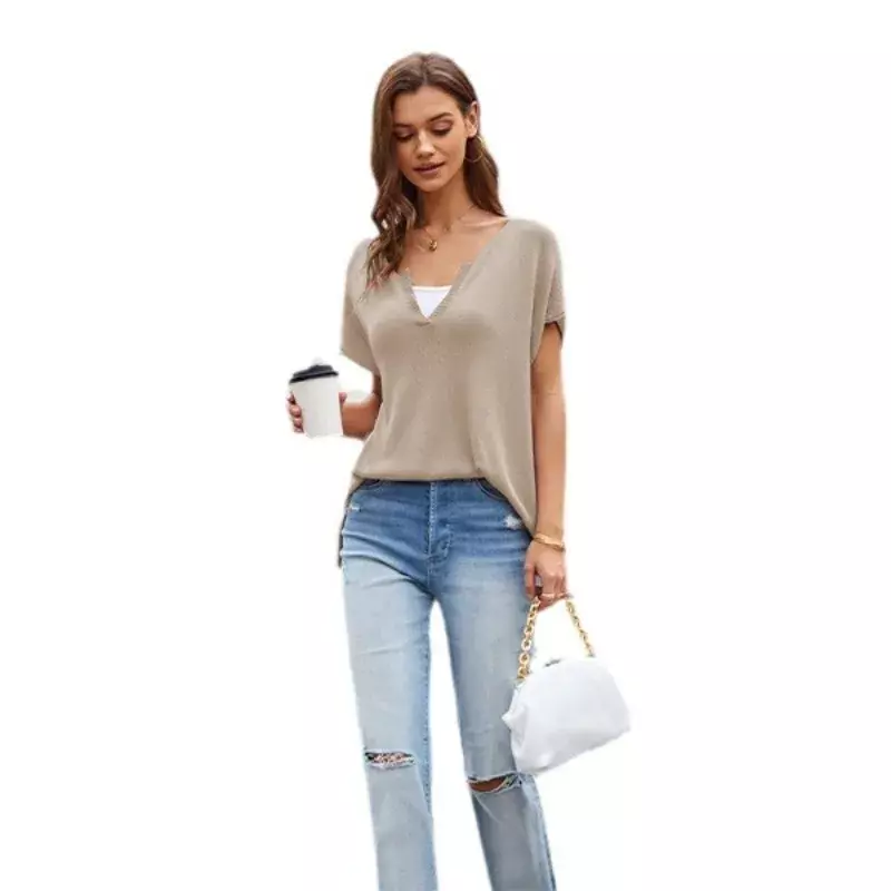 2024 Spring/Summer New V-neck Loose Size European and American Casual Women's Pullover Short Sleeve Knitted Shirt SFC12-3