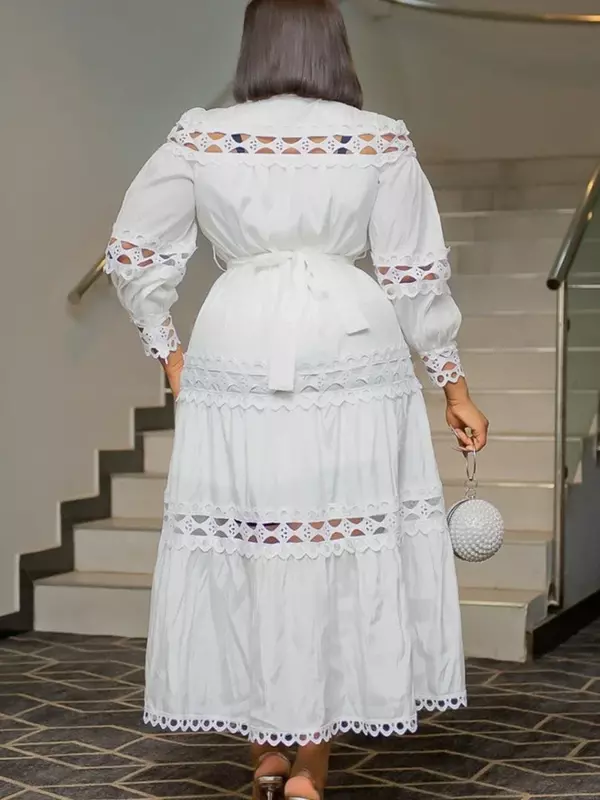 Vestido feminino bordado de baile branco sólido, roupa de outono, oco, peito único, manga longa, vestidos midi, 2020