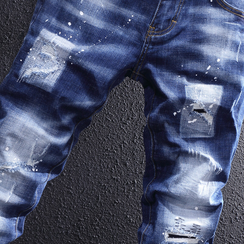 Джинсы мужские зауженные рваные, уличная одежда, модные синие эластичные брюки-карандаш из денима в стиле ретро, дизайнерские штаны с рисунком в стиле хип-хоп