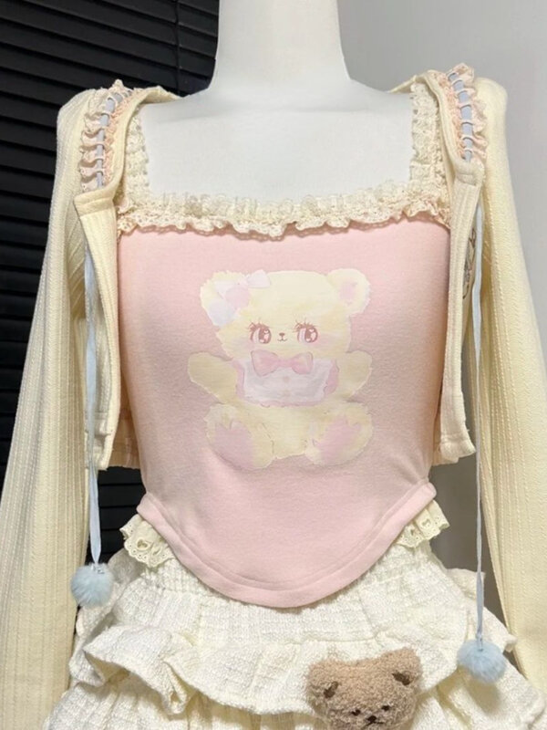 Giapponese Lolita Kawaii 3 pezzi Set donna pizzo coreano dolce gonna vestito femminile rosa stampa gilet + Cardigan manica lunga + minigonna