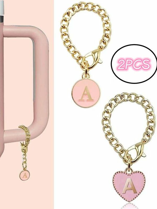 New 2Pcs Letter Charm Accessories Pink Heart Shaped Personalized Name ID Round Handle Initial Charms Tag For Stanley Cup Tumbler