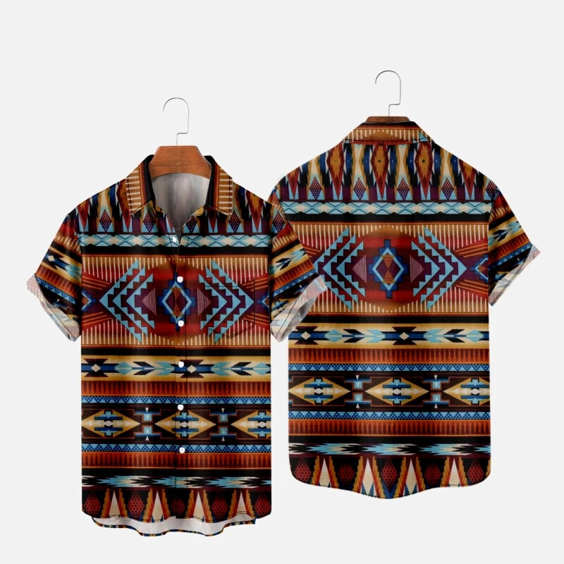 Vintage Hawaiian Shirt Afrika Streep Print Shirts Mannen Vrouwen Strand Blouse Roeping Revers Shirts Strand Mannelijke Etnische Kleding Tops
