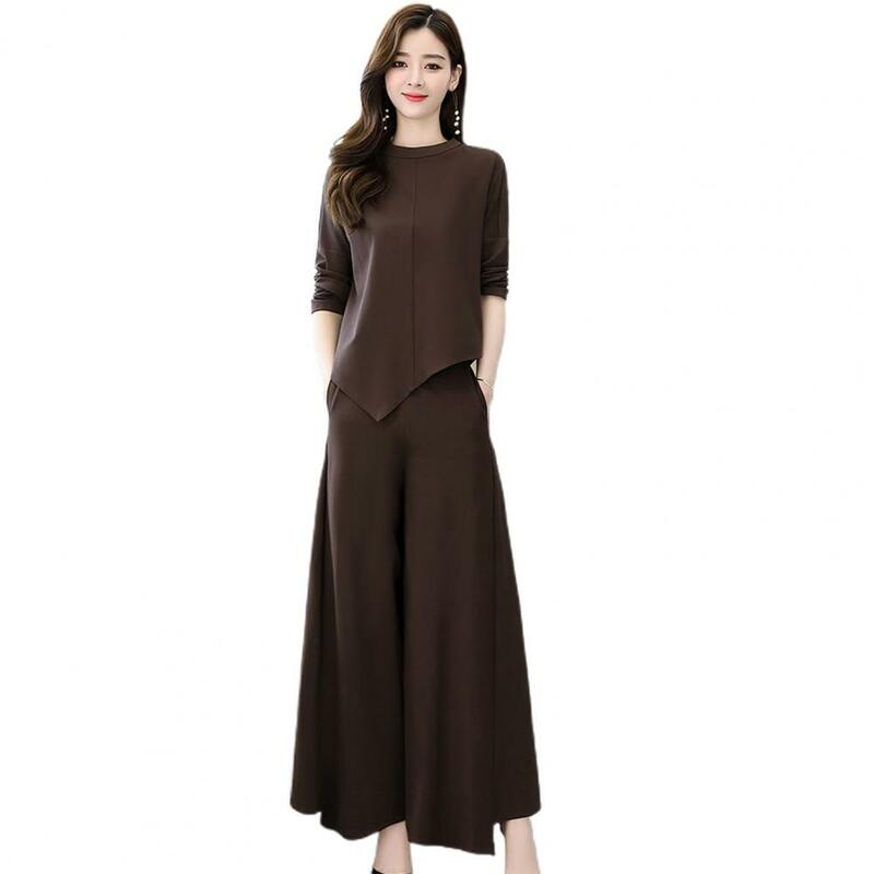 Women Long Culottes Suit Plus Size Commute Top Trousers Set with Irregular Hem Blouse Wide Leg Culottes 2 Pcs/set for Women