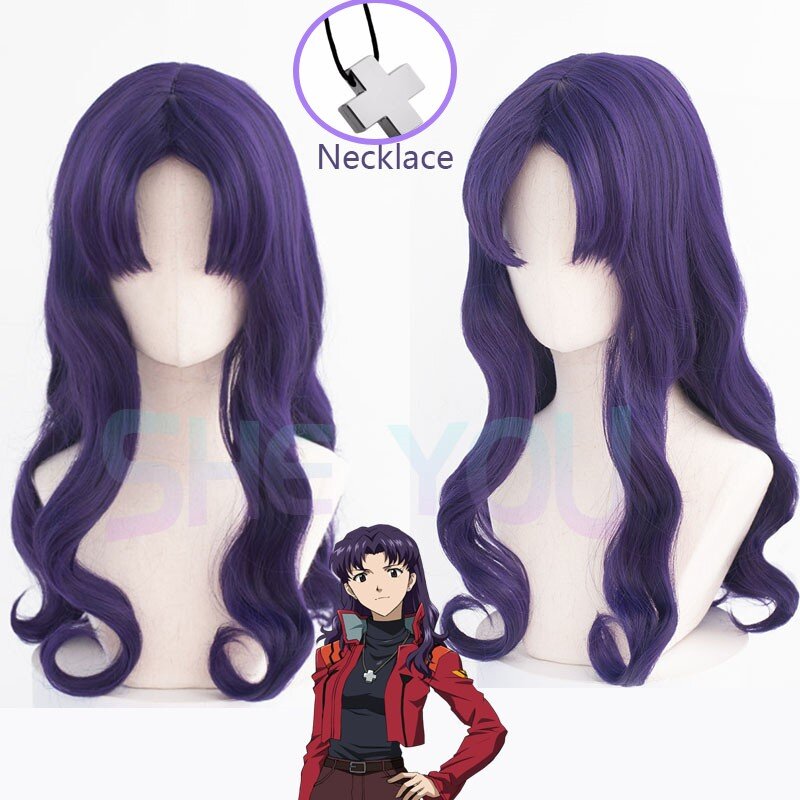 Wig Cosplay Misato Katsuragi warna ungu gelap, Wig Cosplay EVA tahan panas, Wig Cosplay Anime + topi Wig