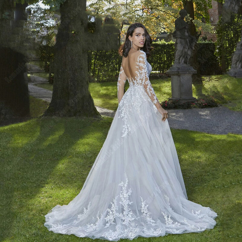 V-Neck Tulle Princess Wedding Dresses Popular Lace Decals Bridal Gowns Bright Surface Bohemian Popular Women Vestidos De Novias