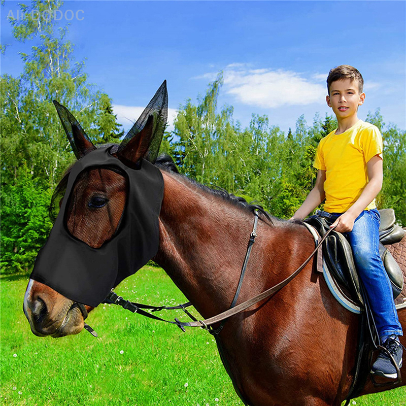 1 szt. Maska z koniem z siateczki przeciwmuchowej maska na konie maska na muchy z koniem z uszami długi nosek z uszami