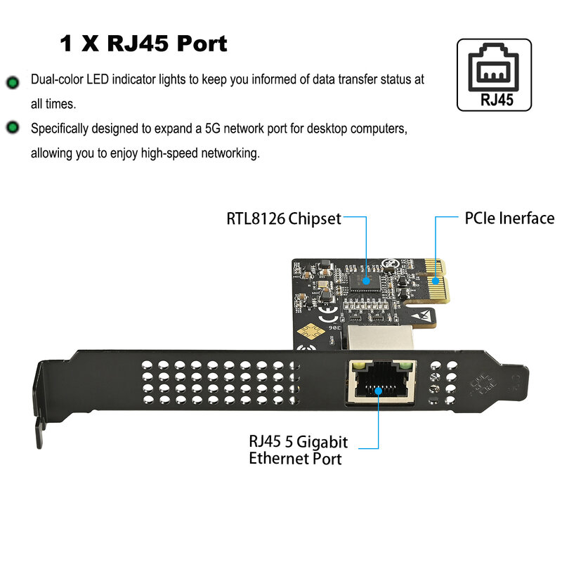 IOCREST 5G PCI-e do RJ45 karta sieciowa RTL8126 Chip gigabitowy PCI Express Ethernet karta sieciowa 10/100/2500/5000Mbps 1Gbps/5Gbps