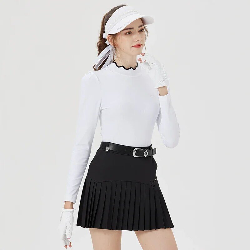 Blktee Winter Women Full Sleeve Slim Golf Shirts Ruffles Collar Tops Autumn Female Irregular Pleated Skirts Stretch Culottes Set