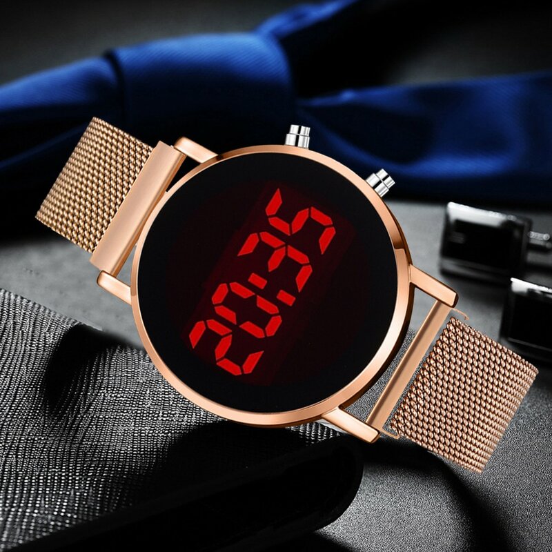 Часы женские электронные со светодиодным дисплеем и сетчатым браслетом