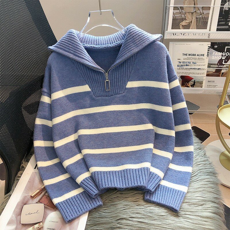 Casual Streifen Gestrickte Pullover 2023 Frühling Herbst Mode Vintage Halb Zipper Pullover frauen Kurze Tops Lose Chic Pullover
