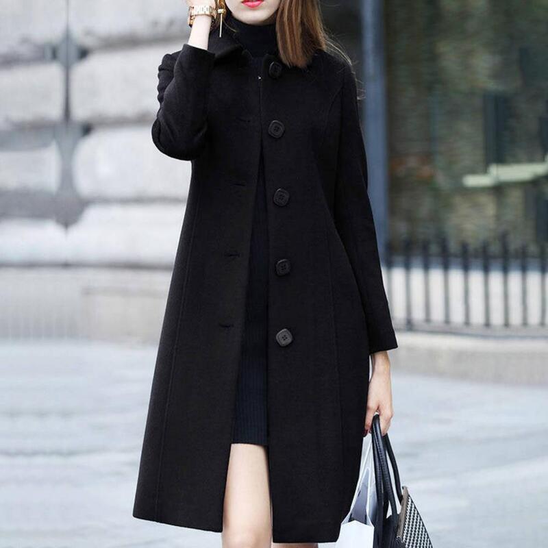 Women Wool Coat Mid-Length Single-Breasted Solid Color Turn-down Collar Elegant Soft Cardigan Plus Size Warm Lapel Winter Jacket