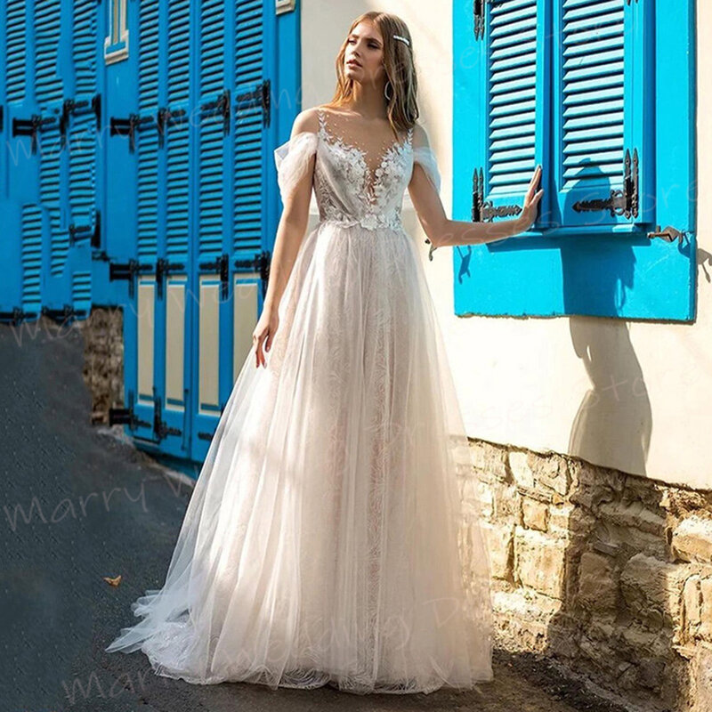 Boho Charming Pretty A Line Women's Wedding Dresses Graceful Appliques Lace Bride Gowns Button Illusion Vestidos De Novia Lujo