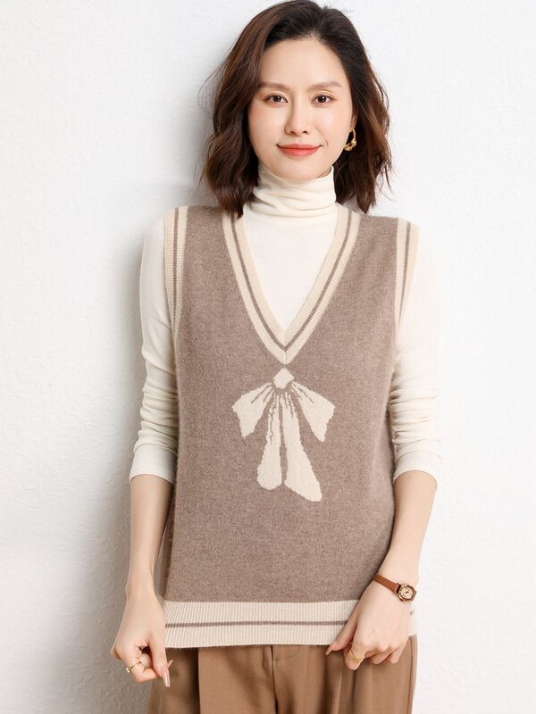 เสื้อกั๊กแคชเมียร์คอวี100% สำหรับผู้หญิงเสื้อถักแจ็คการ์ดผูกโบว์เสื้อกั๊กเสื้อกันหนาวสตรีแขนกุดสไตล์เกาหลี
