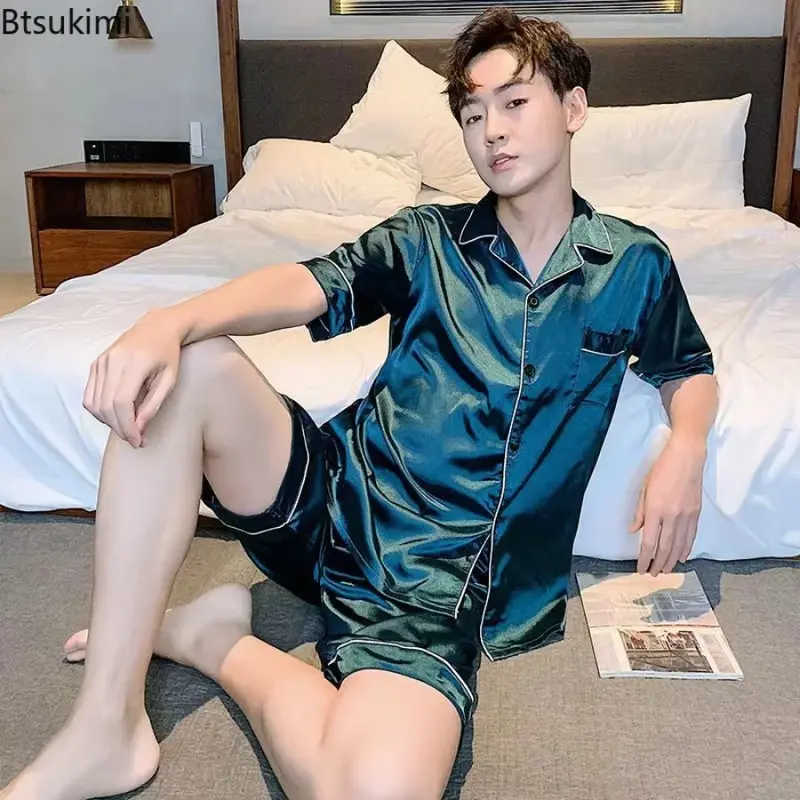 Новая летняя Мужская Дизайнерская атласная пижама с отложным воротником, одежда для сна с коротким рукавом, мужской комплект из 2 предметов, домашняя одежда 5XL