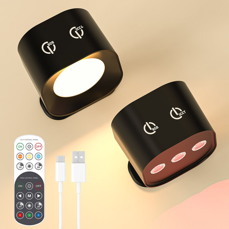 원격 USB 충전식 LED 벽 조명, 밝기 조절 가능 RGB + 3 색 온도, 마그네틱 무선 벽 램프, 방용