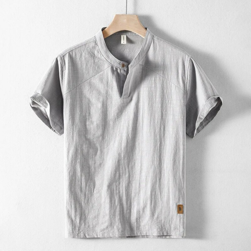 Camisas de algodão casual masculina, camisa de manga curta, com gola alta, branca, verde, linho, retrô, estilo chinês, fina, verão, nova, M-5XL, 2022