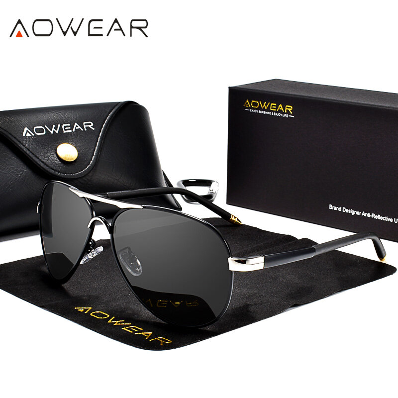 AOWEAR-gafas de sol de aviación para hombre, lentes con espejo polarizado, HD, piloto de conducción