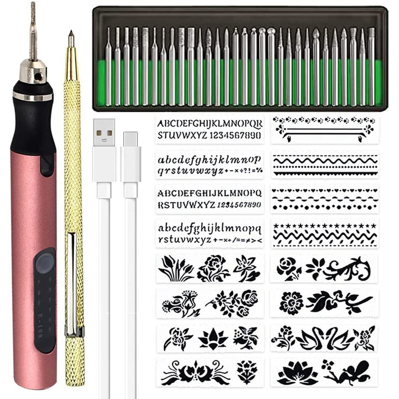 Recarregável Cordless Mini Engraver Pen, DIY gravura Kit de ferramentas para Metal, Vidro, Cerâmica, Plástico, Madeira, Jóias Stencils A