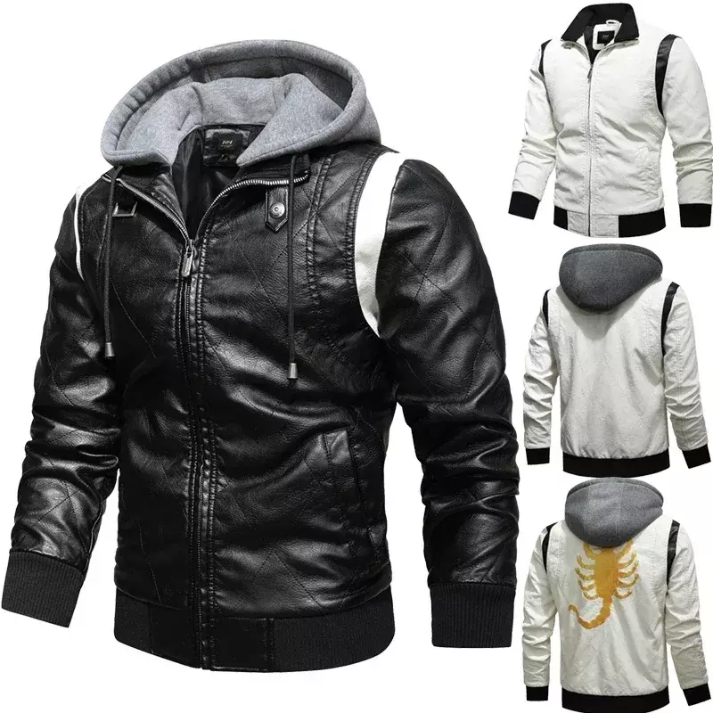 Jaqueta de couro PU masculina, bordado escorpião, jaqueta masculina com capuz, Martin Gosling, Drive, outono, inverno