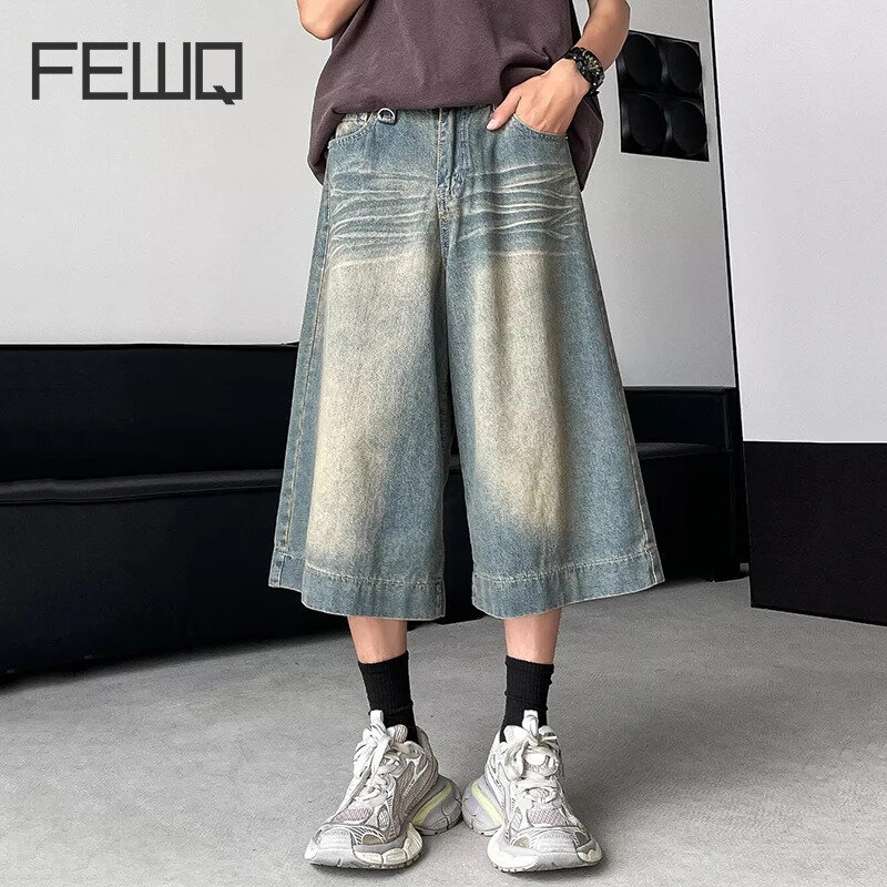FEWQ-pantalones cortos vaqueros para hombre, Shorts de pierna recta, lavado americano, pierna ancha, Estilo Vintage plisado, moda coreana, 24x9124, 2024