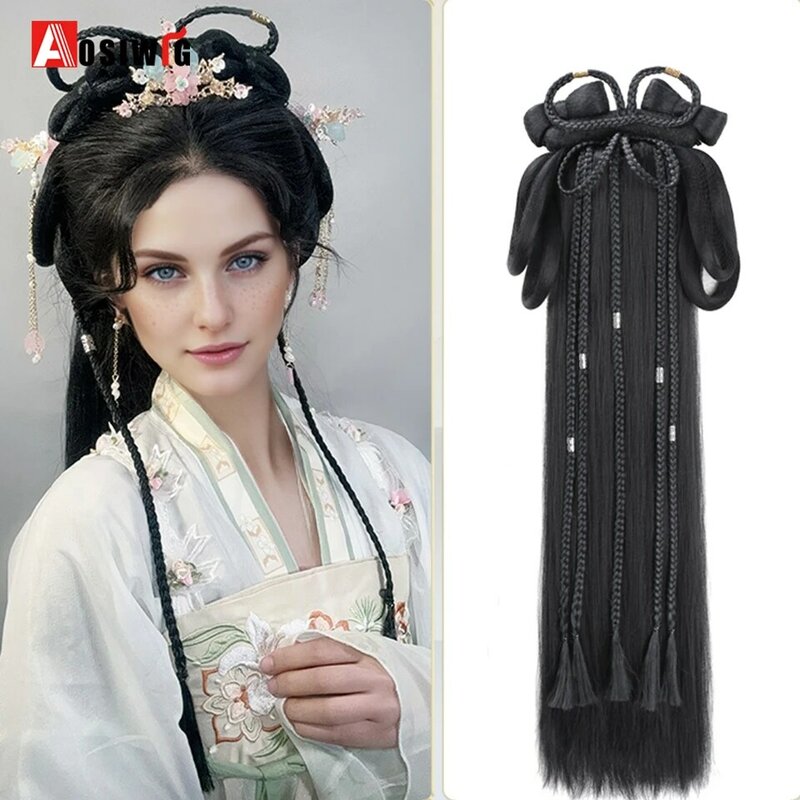 Hanfu sintético estilo antiguo, diadema trenzada integrada, peluca para mujer, pieza de cabello de estilo chino, Cosplay de modelado antiguo Ha