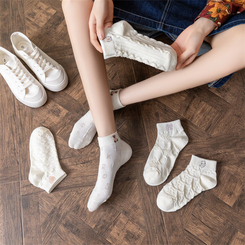 5 Pairs Bear Women's Cotton Socks Hollow Korean Socks Spring Summer Japanese Cute Cartoon Love Solid Colourings Tied Girl Socks