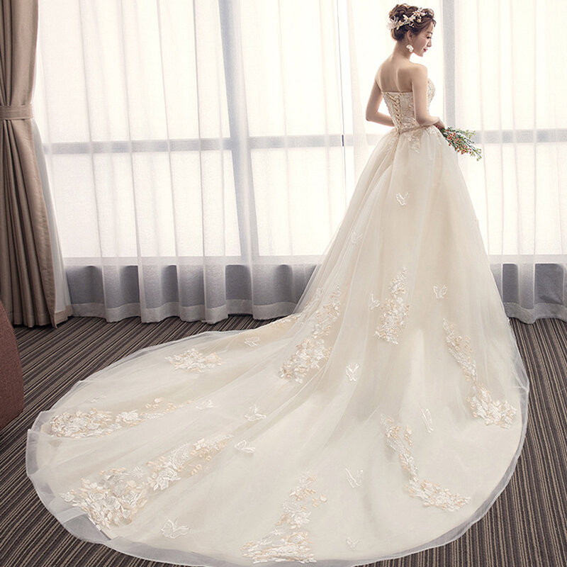 Vestido de novia elegante sin tirantes, traje de encaje con apliques florales, 2024