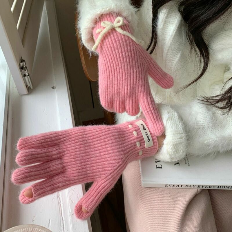 Zimowa urocza kokardka Unisex rękawiczki z dzianiny zagęszczona ciepłe rękawiczki jednolitym kolorowym rękawiczki do ekranu dotykowego dla kobiet i mężczyzn