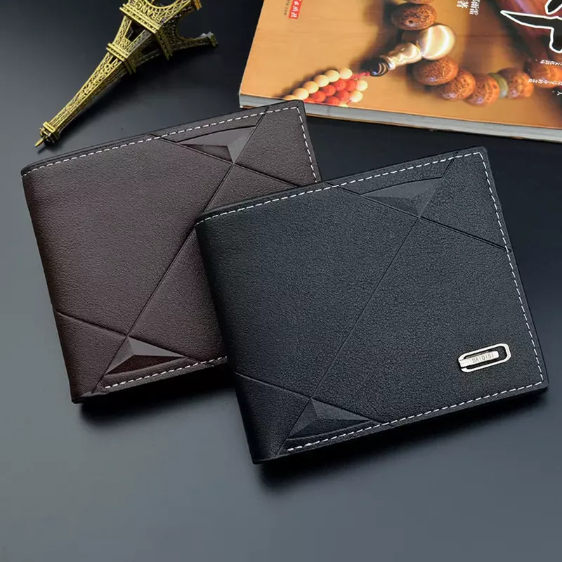 男性用の短い斜めの合成皮革の財布、クレジットカードホルダー、二つ折り財布、ビジネススリムなクラッチ、単色