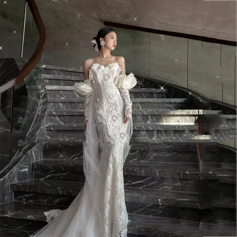 Luxury Lace Tulle Mermaid Wedding Dress Korea Style Off The Shoulder Appliques Sleeve Embroidery Bridal Gown Elegant Dresses
