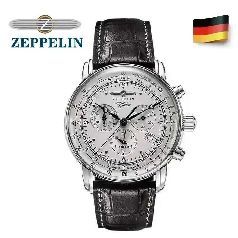 Diskon Besar Jam Tangan Zeppelin Pria, arloji Lari Tiga Mata kronograf Kulit cerah