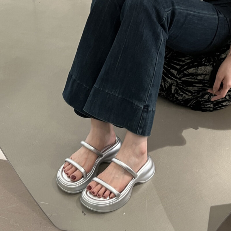 2024 여름 청키 여성 슬리퍼, 편안한 숙녀 패션, 오픈 토 소프트 솔 플랫폼 플랫 슬라이드, 비치 샌들 신발