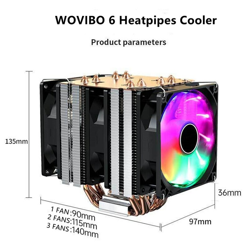 6 Heatpipes RGB CPU Cooler Radiator Silent PWM 4PIN 150W For Intel LGA 1150 1151 1155 1200 1366 2011 X79 X99 AM3 AM4 Ventilador