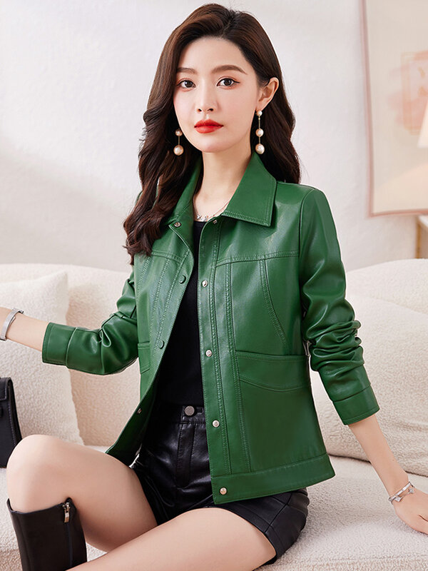 New Women Leather Jacket Spring Autumn Fashion Single Breasted Casual Slim Short Coat Split Leather Outerwear Plus Size M-6XL