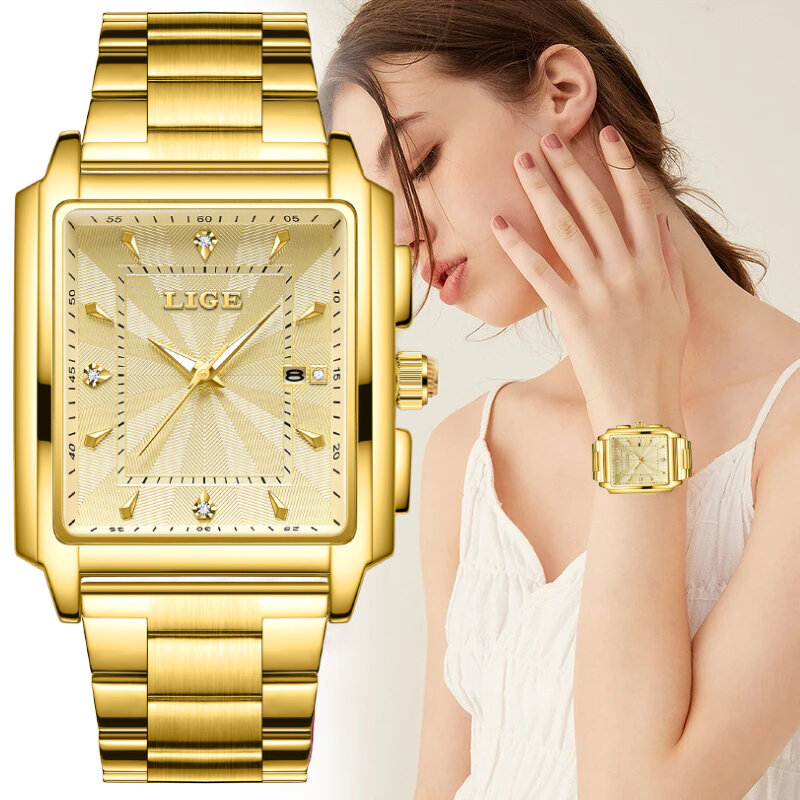 LIGE-Relógio de quartzo quadrado impermeável feminino, luxo, casual, esporte, cronógrafo, relógio de pulso feminino, marca superior, moda