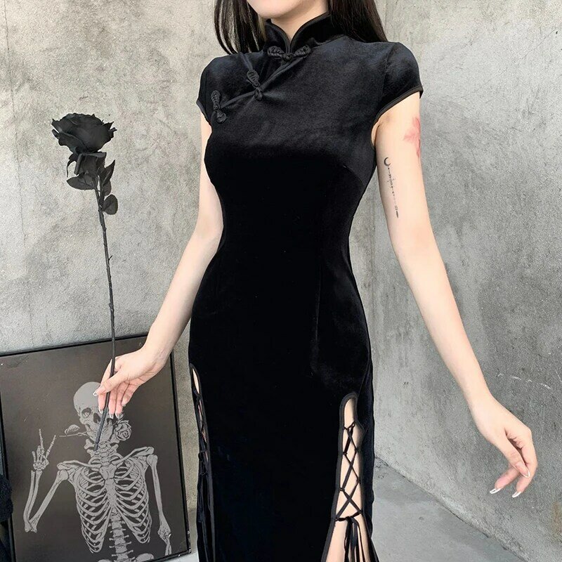 Vintage schwarze Bandage chinesischen Stil Cheong sam High Split Samt Kleid Frühling Retro lange Qipao Gothic Frauen ästhetische Kleid