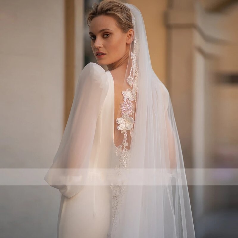 Gaun pernikahan glamor gaun pengantin punggung terbuka leher-v Gaun lengan Puff panjang untuk pesta Formal putri duyung Vestidos De Novia 2024
