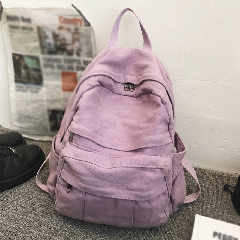حقيبة ظهر قماش أحادية اللون للمدرسة ، حقيبة كتف للسفر ، أرجواني