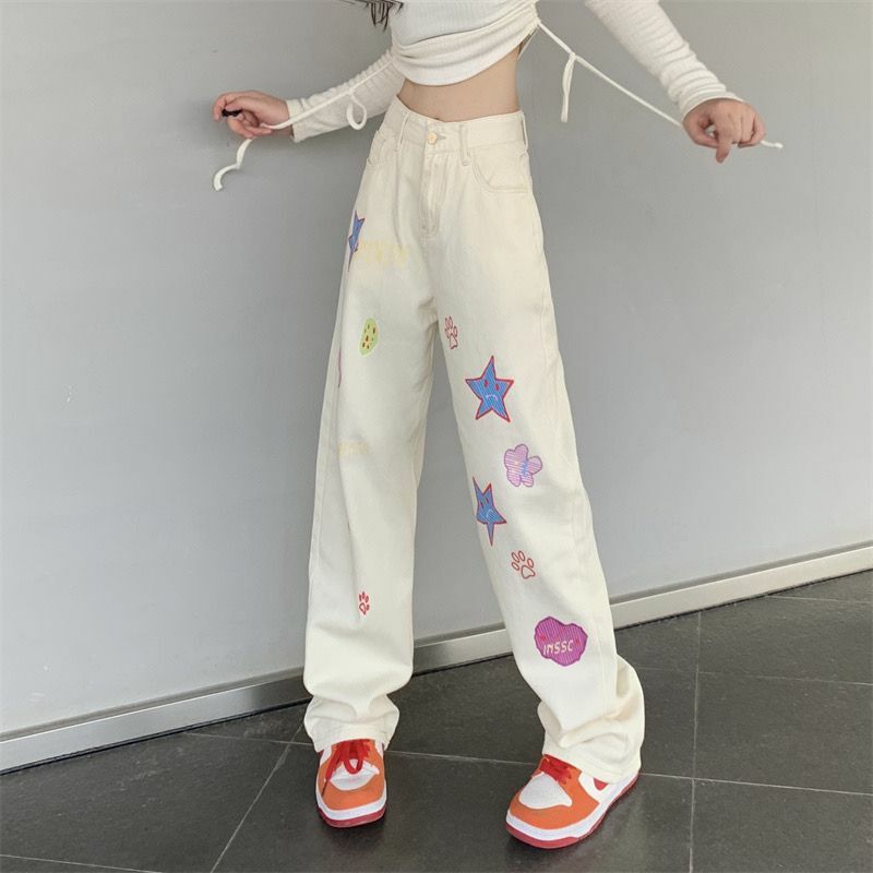 American high street denim pants trend is full of loose and flesh-shielded straight leg wide casual pants for men and women