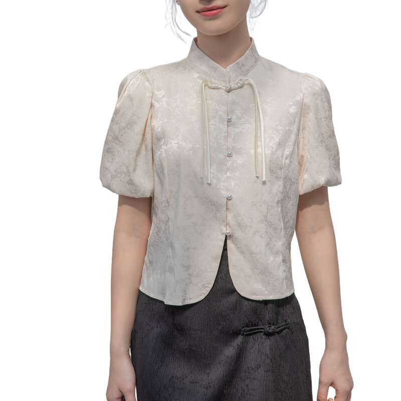 Satynowy żakard stojący kołnierz koszula damska 2024 lato Haute Couture nowy chiński styl zapinana Top z krótkim rękawem