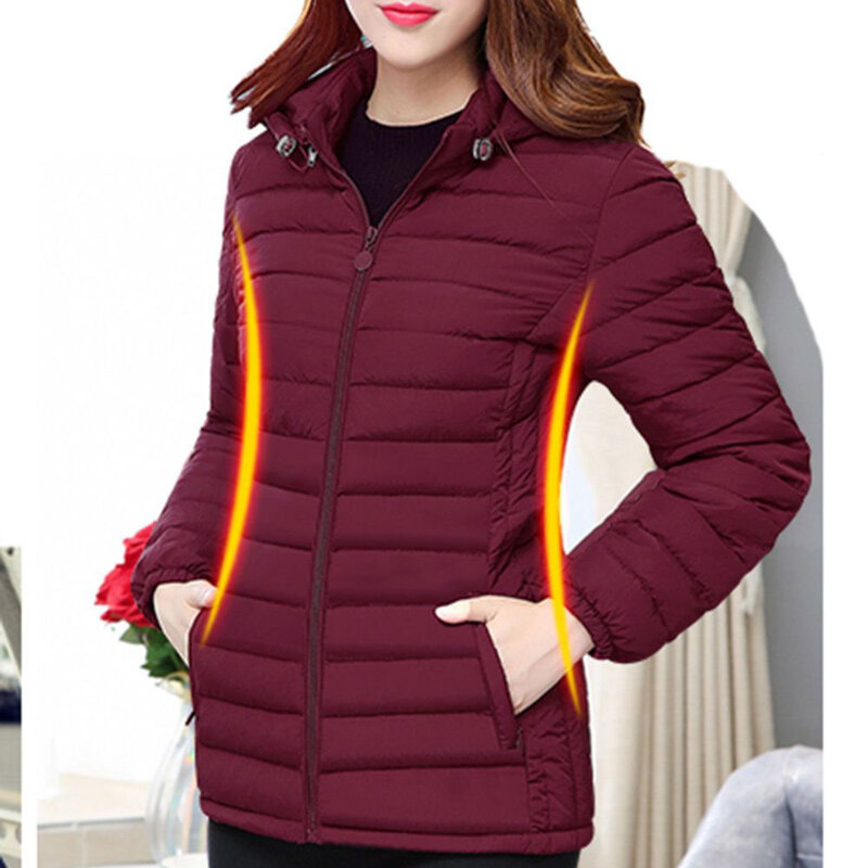 Jaket hangat bertudung untuk wanita, mantel Parka empuk katun ultra-ringan Musim Dingin 2023, jaket hangat ramping dengan tudung untuk wanita