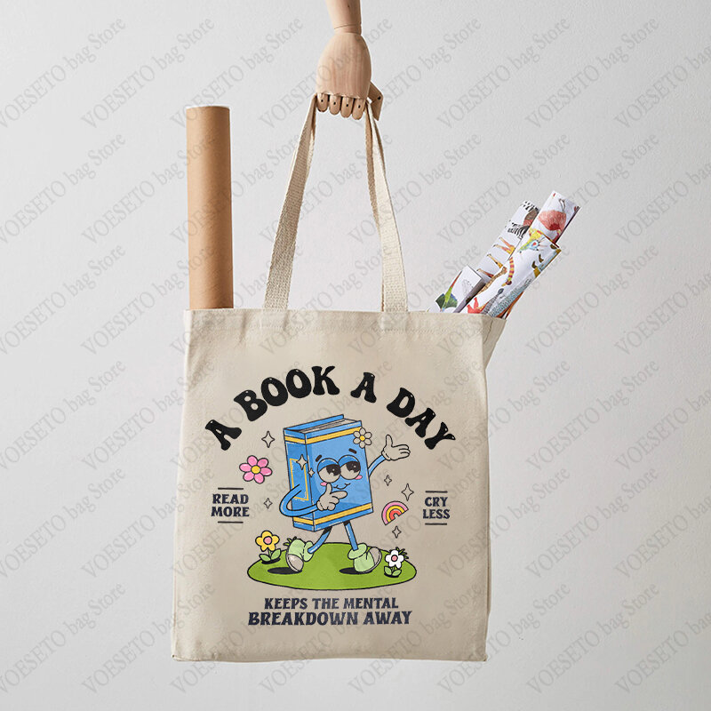 A Book A Day Keep The Mental Breakdown Pattern Tote Bag Canvas Shoulder Bag for Readers Shopping Bags Gift for Reading Lovers