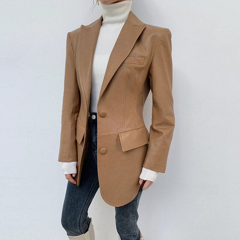 Chaqueta de cuero genuino de lujo para mujer, abrigos de cintura moldeadora delgada, hombro acolchado de piel de oveja OL, chaquetas para mujer, moda 2024