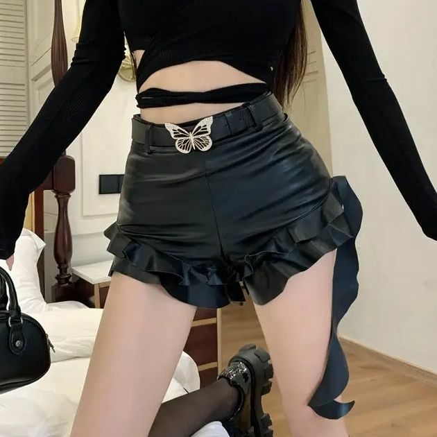 High Waist Leather Pants Sexy Casual Pu Leather Shorts Women'S Autumn Evening Party Solid Girl Short Pants With Belt