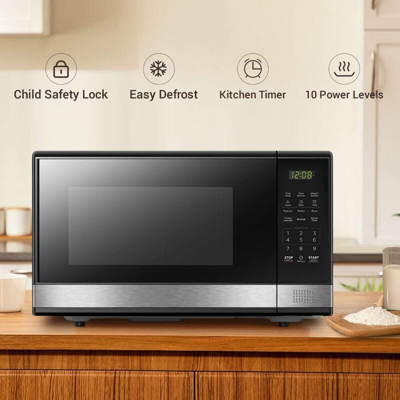 Oven Microwave Digital dengan pintu tekan tombol putar, kunci keselamatan anak, 1000W, 1,1 Cu, kaki, hitam & baja tahan karat, Cu 1.1 kaki